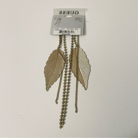Guess Gold Tone Leaf and Chain Statement Dangle Earrings - Picture 7 of 12